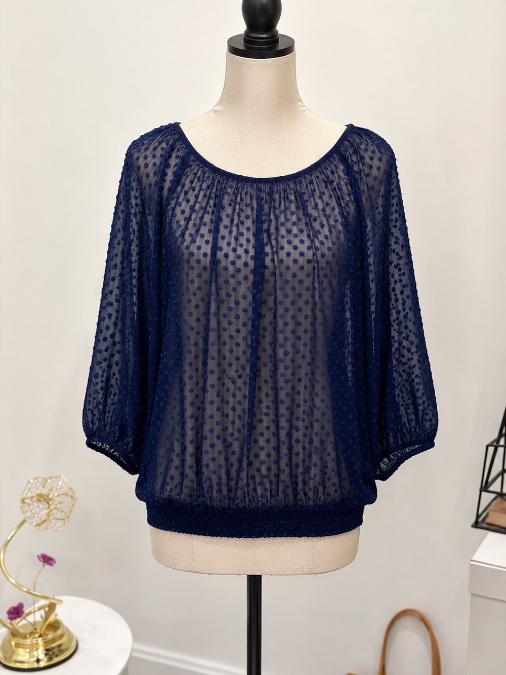 LOFT Navy Dot Sheer Blouson Sleeve Top